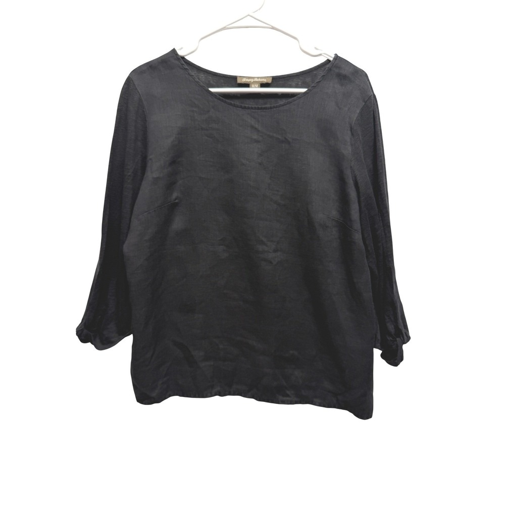 Tommy Bahama Black 100% Linen 3/4 Sleeve Top Womens M M Relaxed Fit‎ Boat Neck